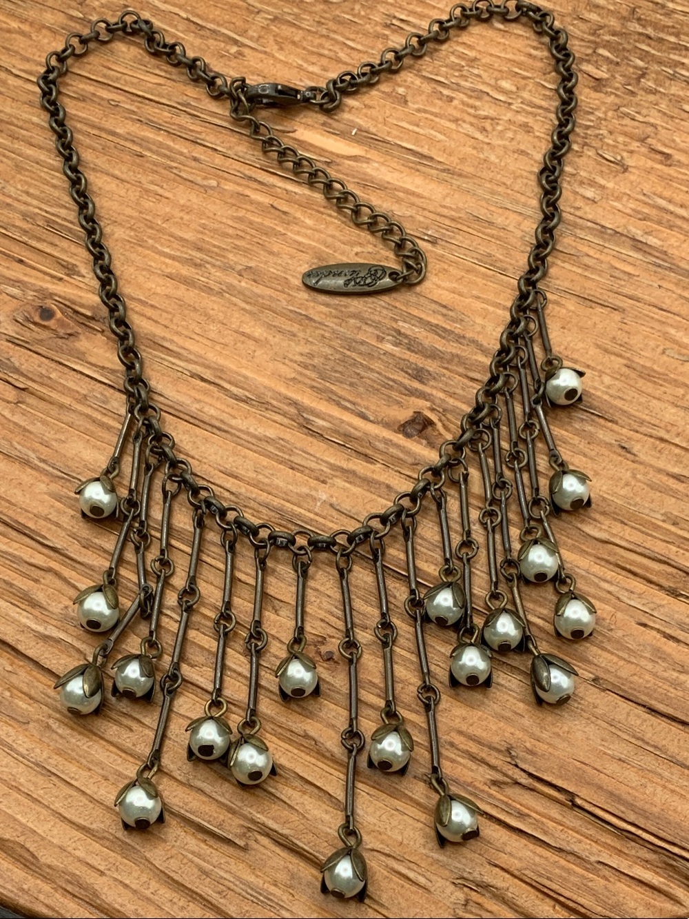 Plunder Design Falling Lily Pearls Dangling Faux Pearls Gunmetal Chain Necklace